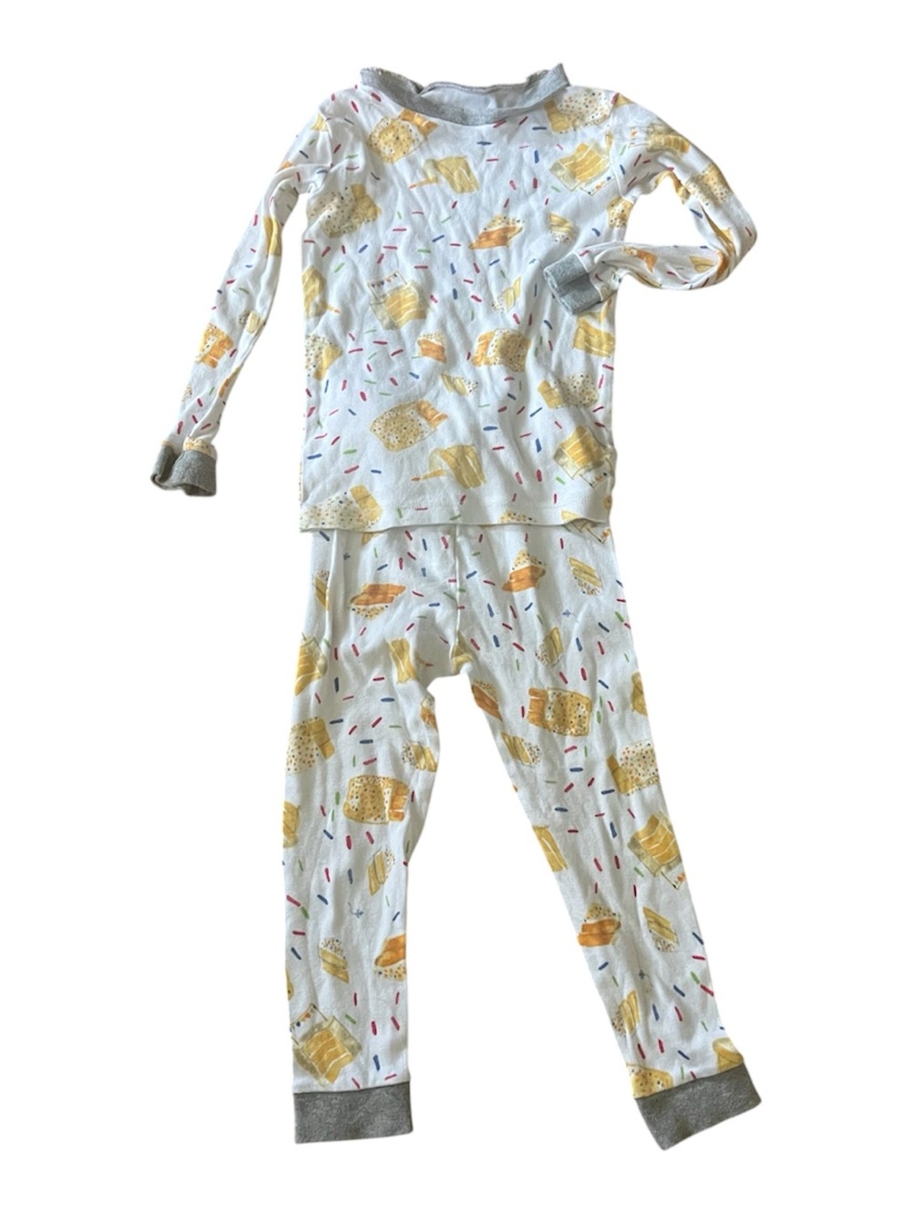 Kids White and Yellow Birthday Cake-Print Pajama Set with Gray Trim